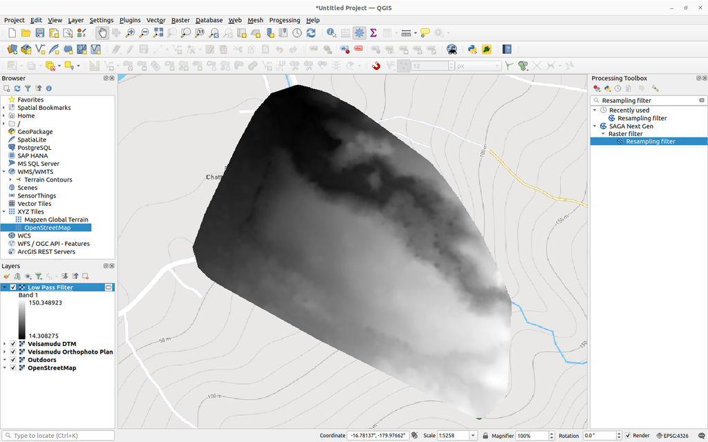 SAGA Raster Resampling Filter run on DTM and showing Low Pass Filter results